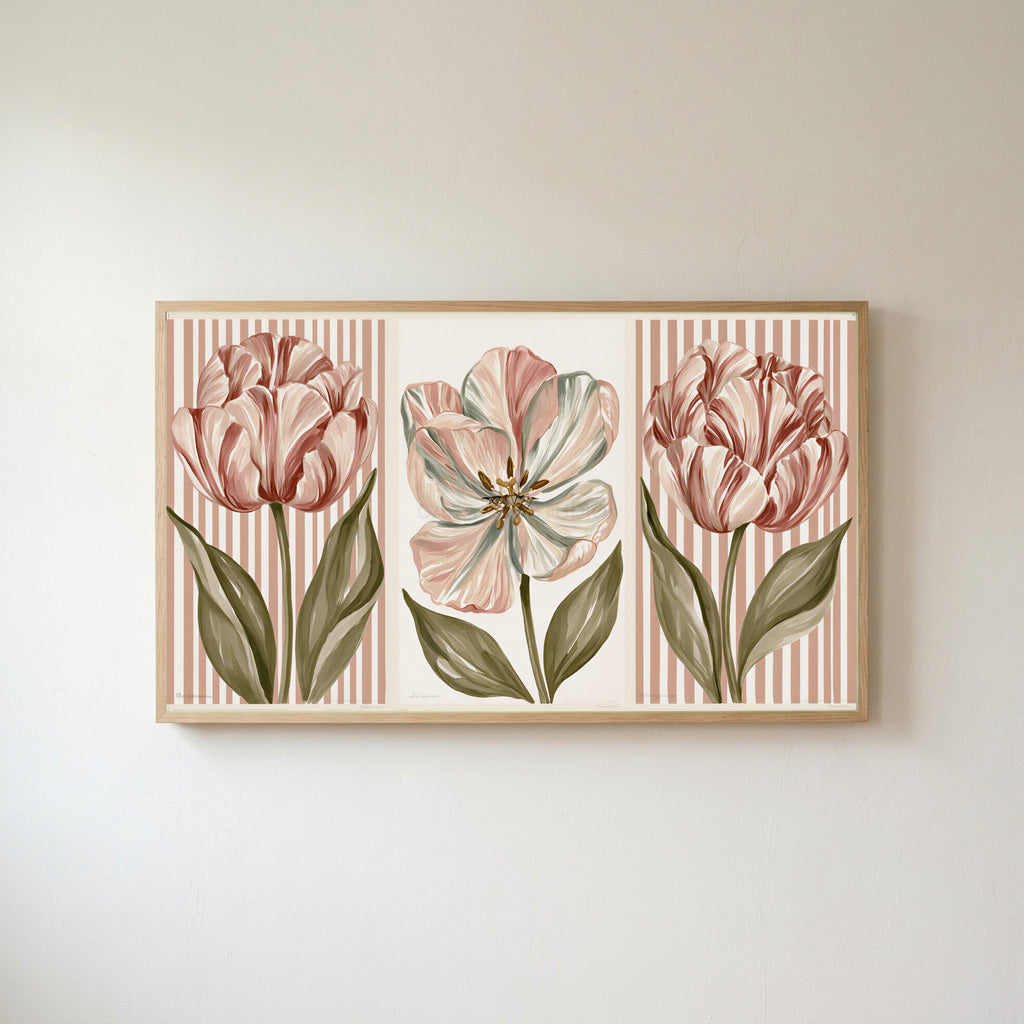Tulip trio Frame TV art in an oak frame on a warm white wall