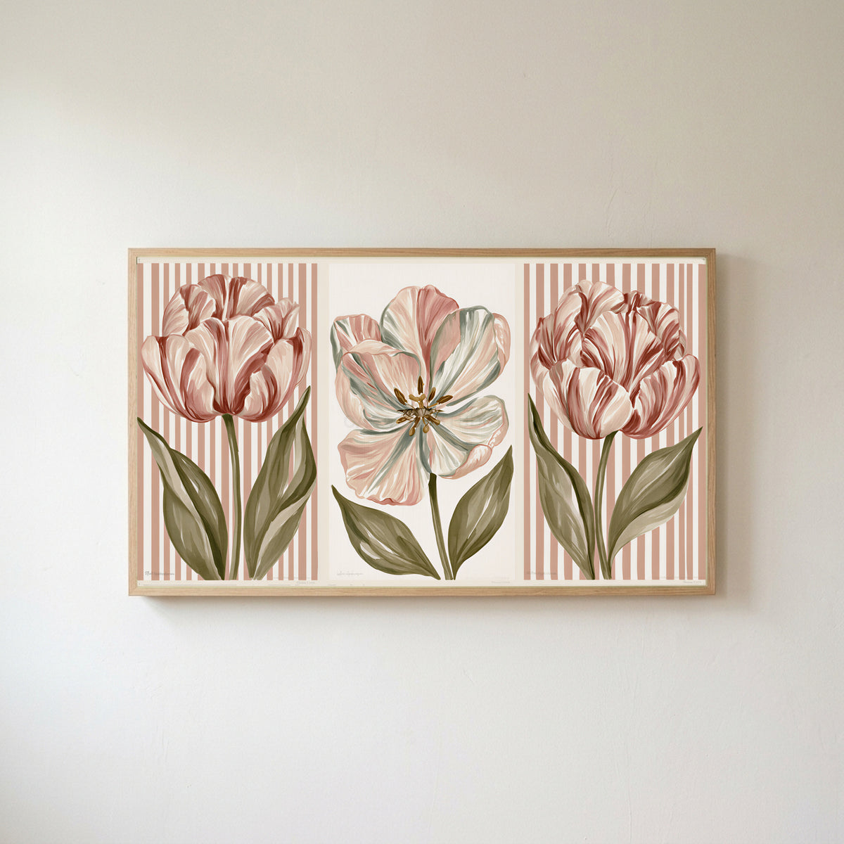 Tulip trio Frame TV art in an oak frame on a warm white wall