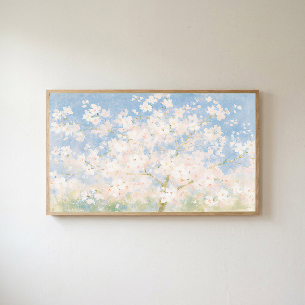 Cherry blossom tree Frame TV art in an oak frame on a warm white wall