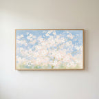 Cherry blossom tree Frame TV art in an oak frame on a warm white wall