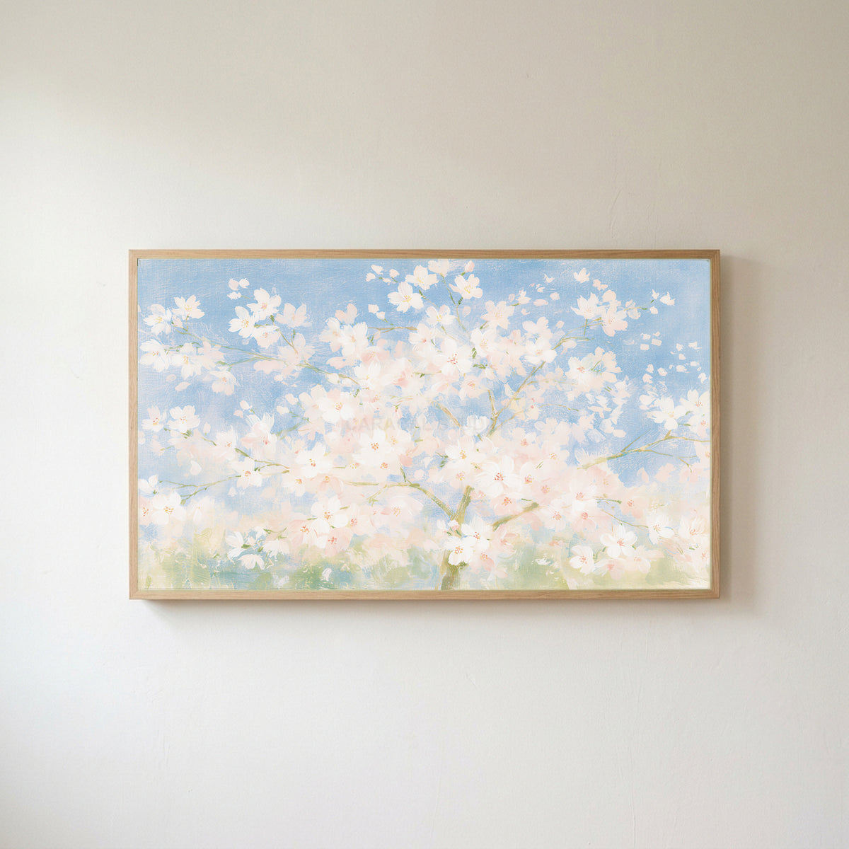 Cherry blossom tree Frame TV art in an oak frame on a warm white wall