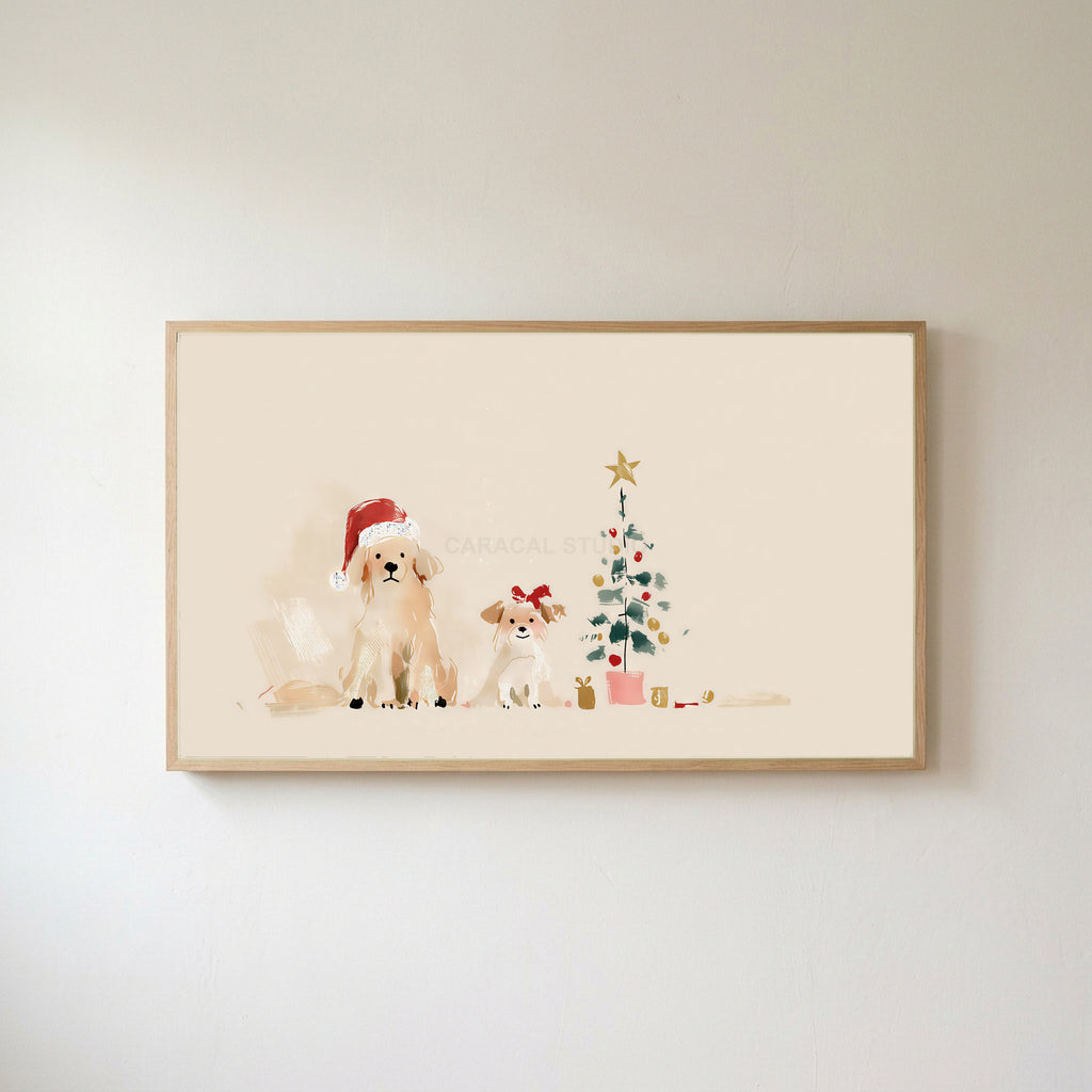 Dogs by a Christmas tree Frame TV art in an oak frame on a warm white wall