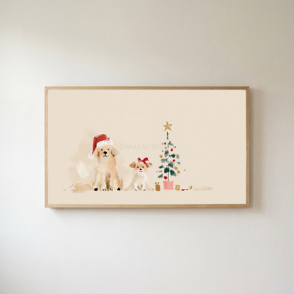 Dogs by a Christmas tree Frame TV art in an oak frame on a warm white wall