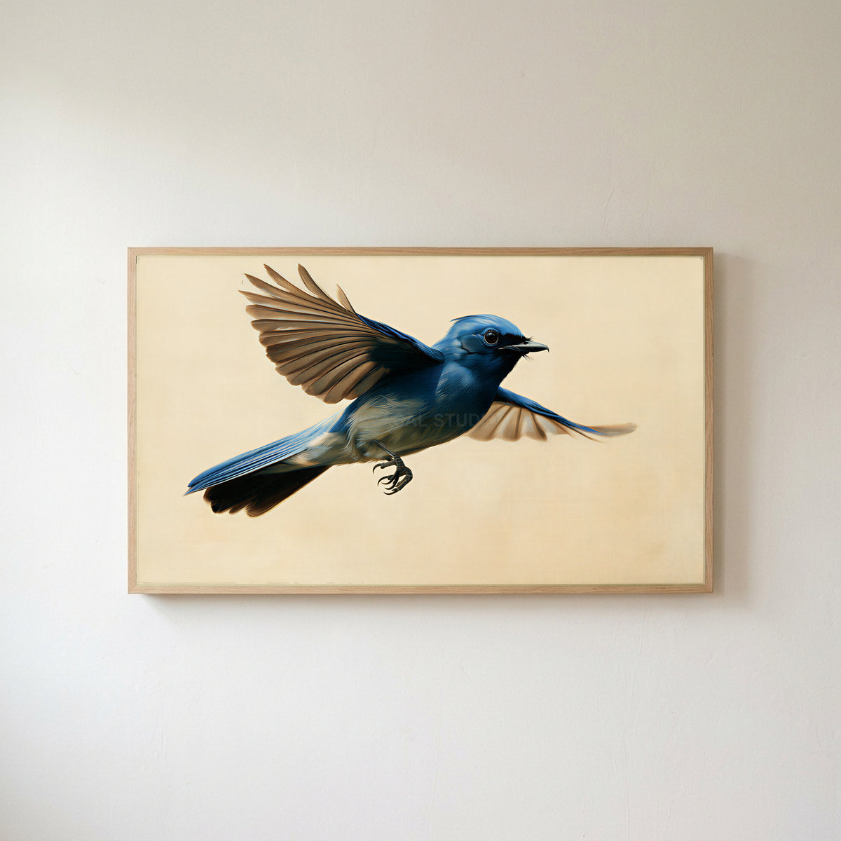 Blue flycatcher Frame TV art in an oak frame on a warm white wall