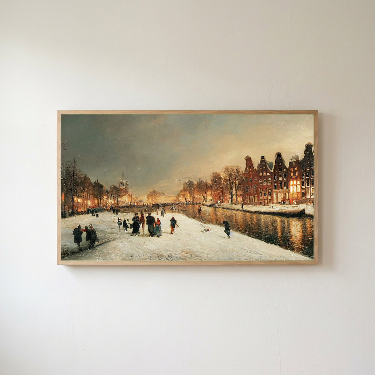 Amsterdam canal in snow Frame TV art in an oak frame on a warm white wall