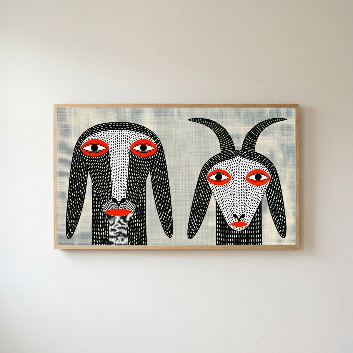 Folk art goats Frame TV art in an oak frame on a warm white wall