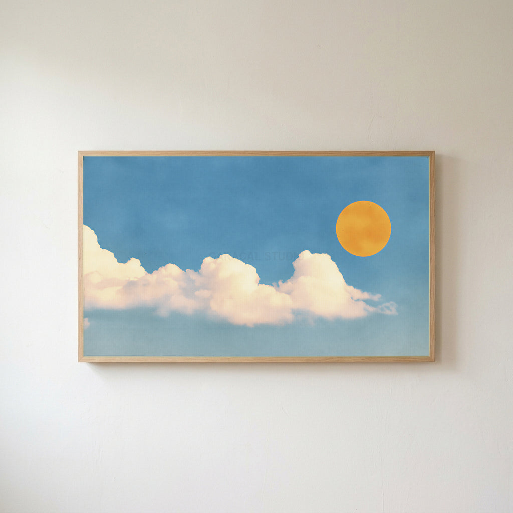 Sun and clouds Frame TV art in an oak frame on a warm white wall