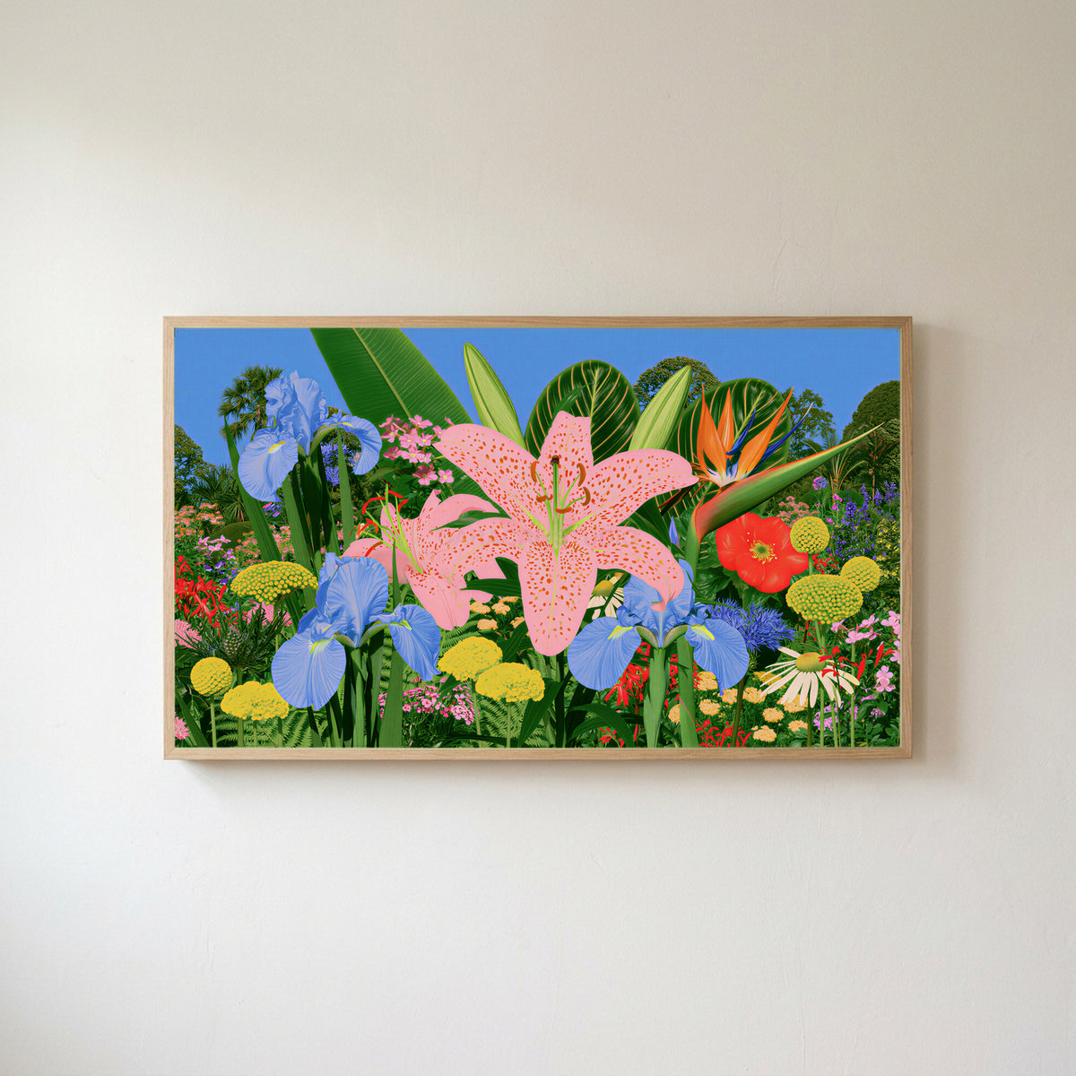 Tropical flower garden Frame TV art in an oak frame on a warm white wall