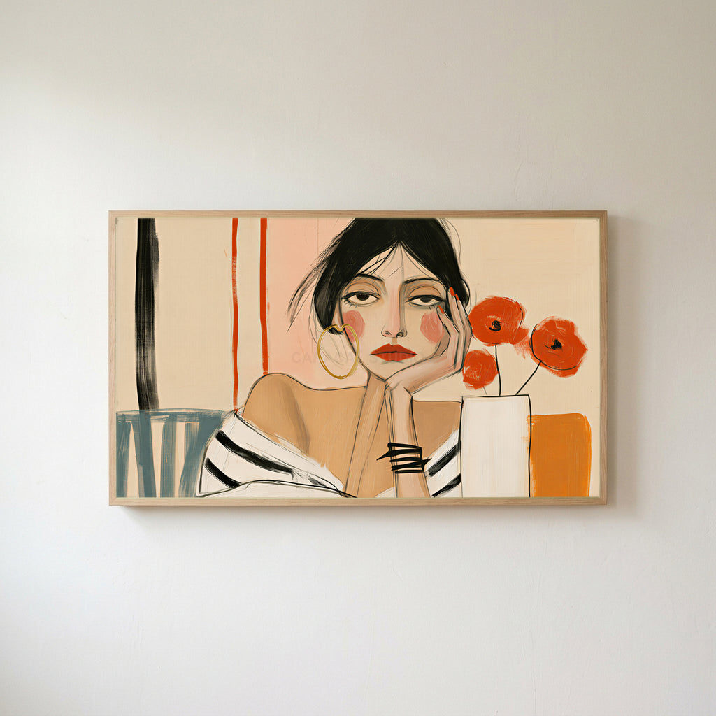 Woman with poppies portrait Frame TV art in an oak frame on a warm white wall