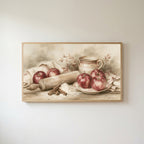 Farmhouse apples Frame TV art in an oak frame on a warm white wall