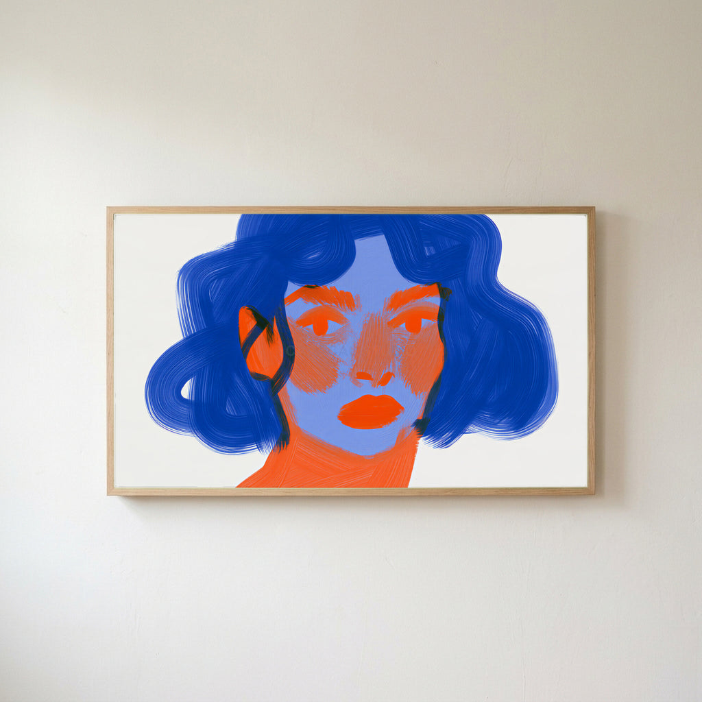 Blue hair portrait Frame TV art in an oak frame on a warm white wall