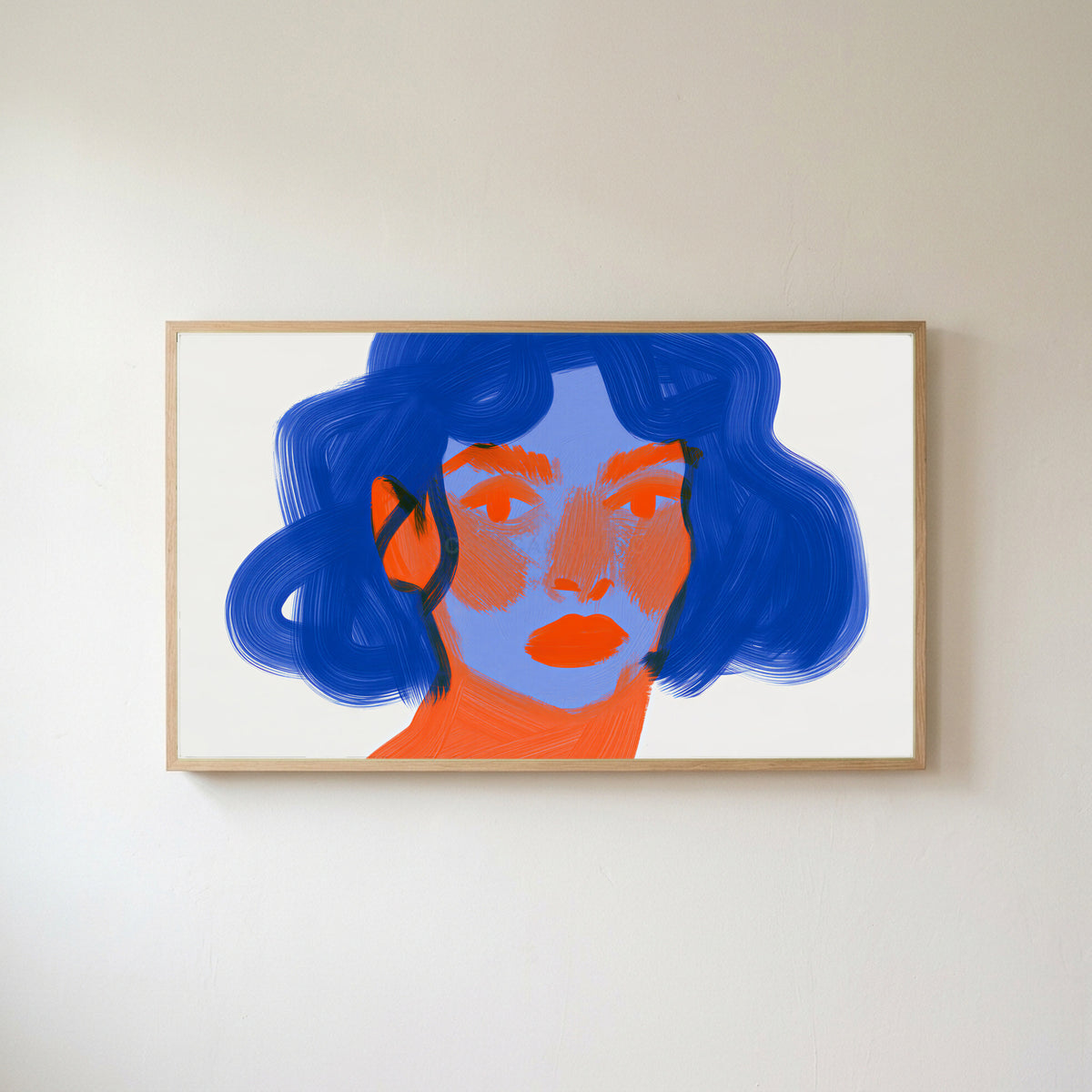 Blue hair portrait Frame TV art in an oak frame on a warm white wall