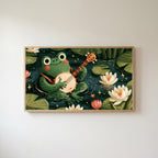 Frog playing a banjo Frame TV art in an oak frame on a warm white wall