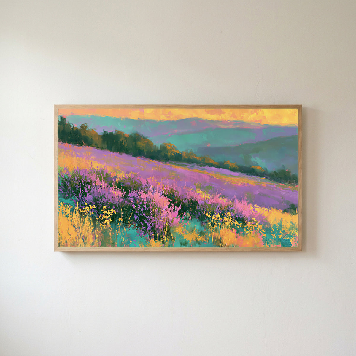 Heather hills Frame TV art in an oak frame on a warm white wall
