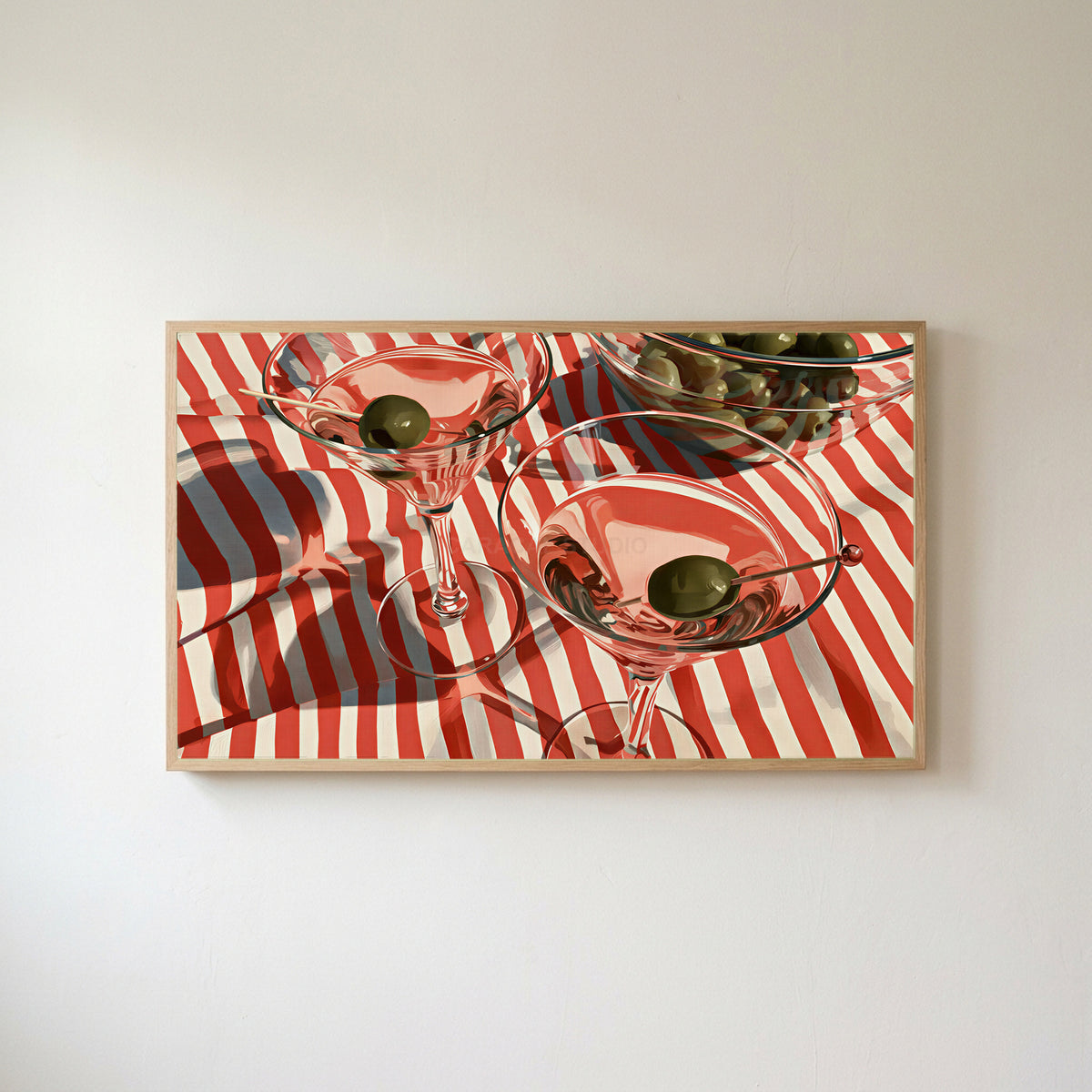 Martini cocktails Frame TV art in an oak frame on a warm white wall
