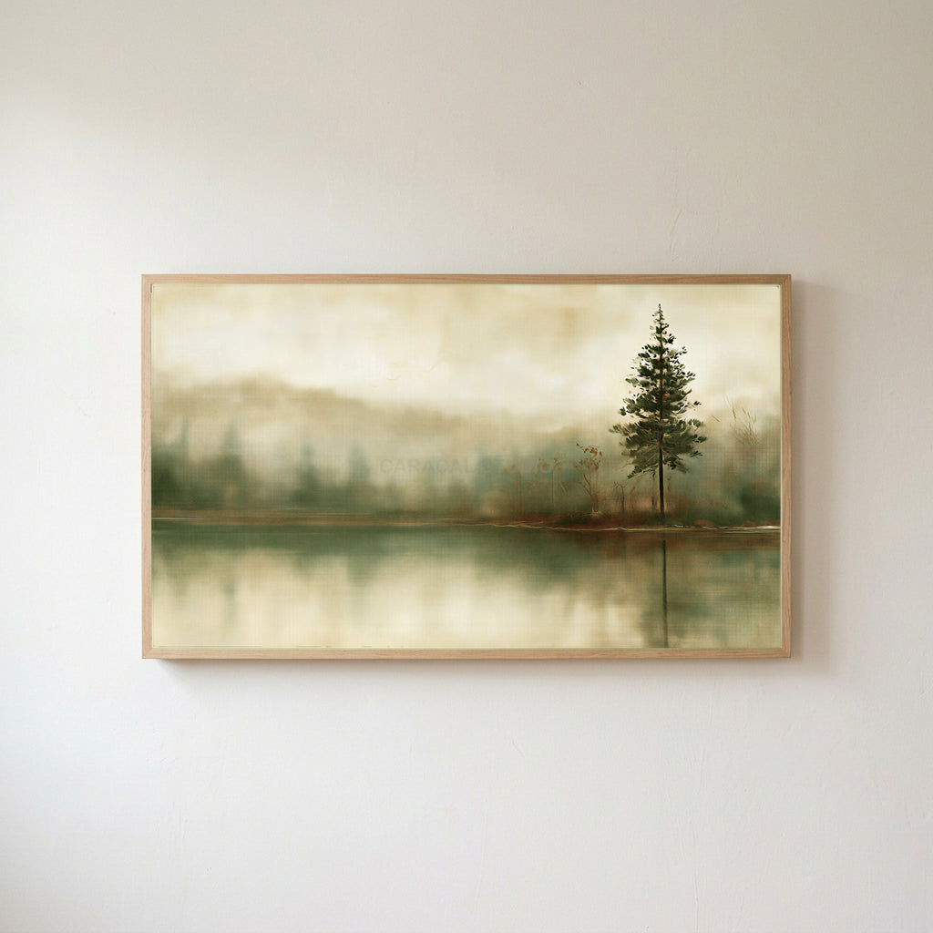Misty lake pine Frame TV art in an oak frame on a warm white wall