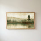 Misty lake pine Frame TV art in an oak frame on a warm white wall