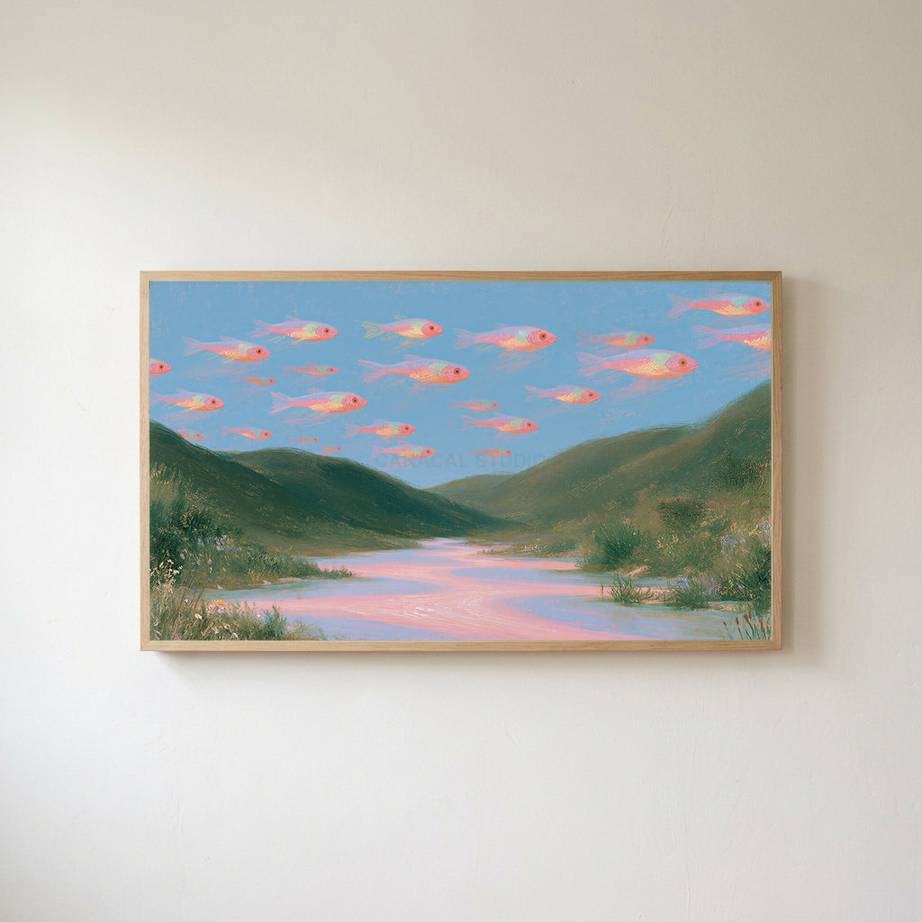 Flying fish Frame TV art in an oak frame on a warm white wall