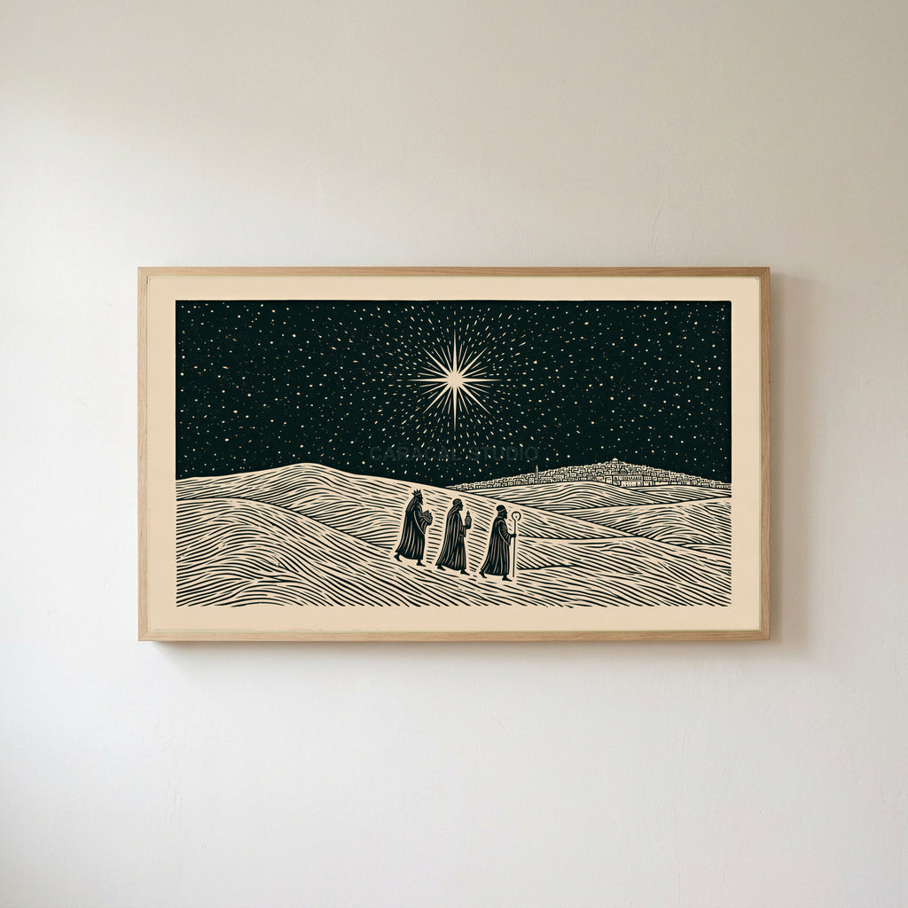 Three wise men Frame TV art in an oak frame on a warm white wall