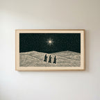 Three wise men Frame TV art in an oak frame on a warm white wall