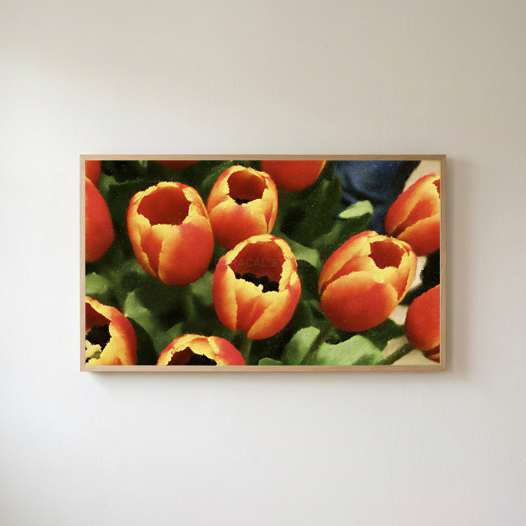 Orange tulip bouquet Frame TV art in an oak frame on a warm white wall