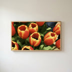 Orange tulip bouquet Frame TV art in an oak frame on a warm white wall