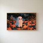 Ghost in the pumpkin patch Frame TV art in an oak frame on a warm white wall