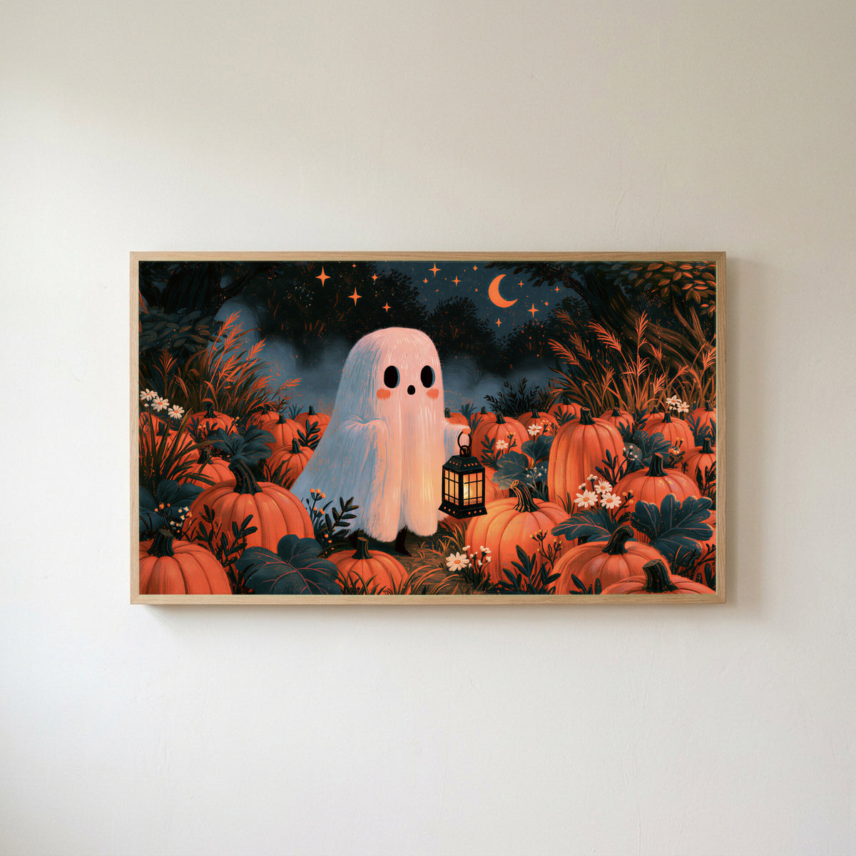 Ghost in the pumpkin patch Frame TV art in an oak frame on a warm white wall