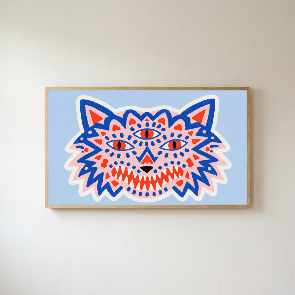 Three-eyed wolf Frame TV art in an oak frame on a warm white wall