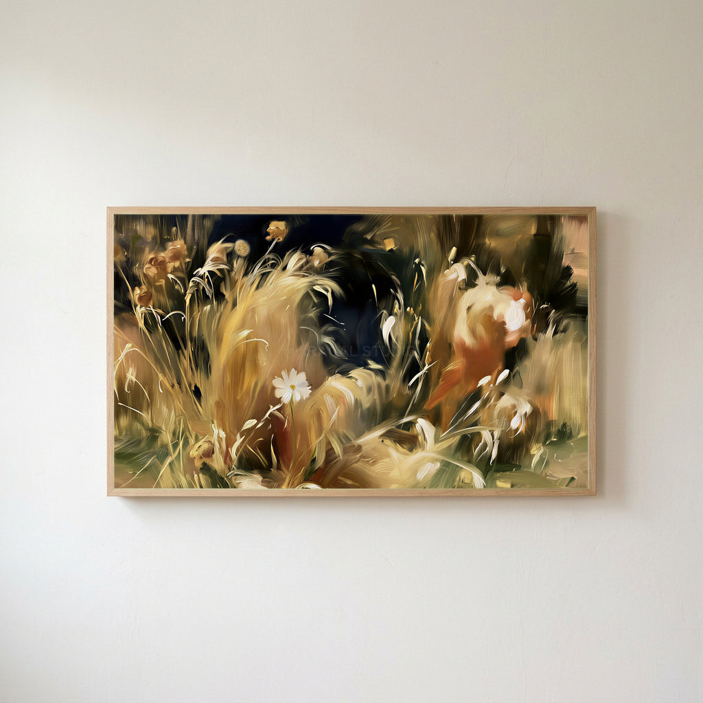 Wild grass and white flower Frame TV art in an oak frame on a warm white wall