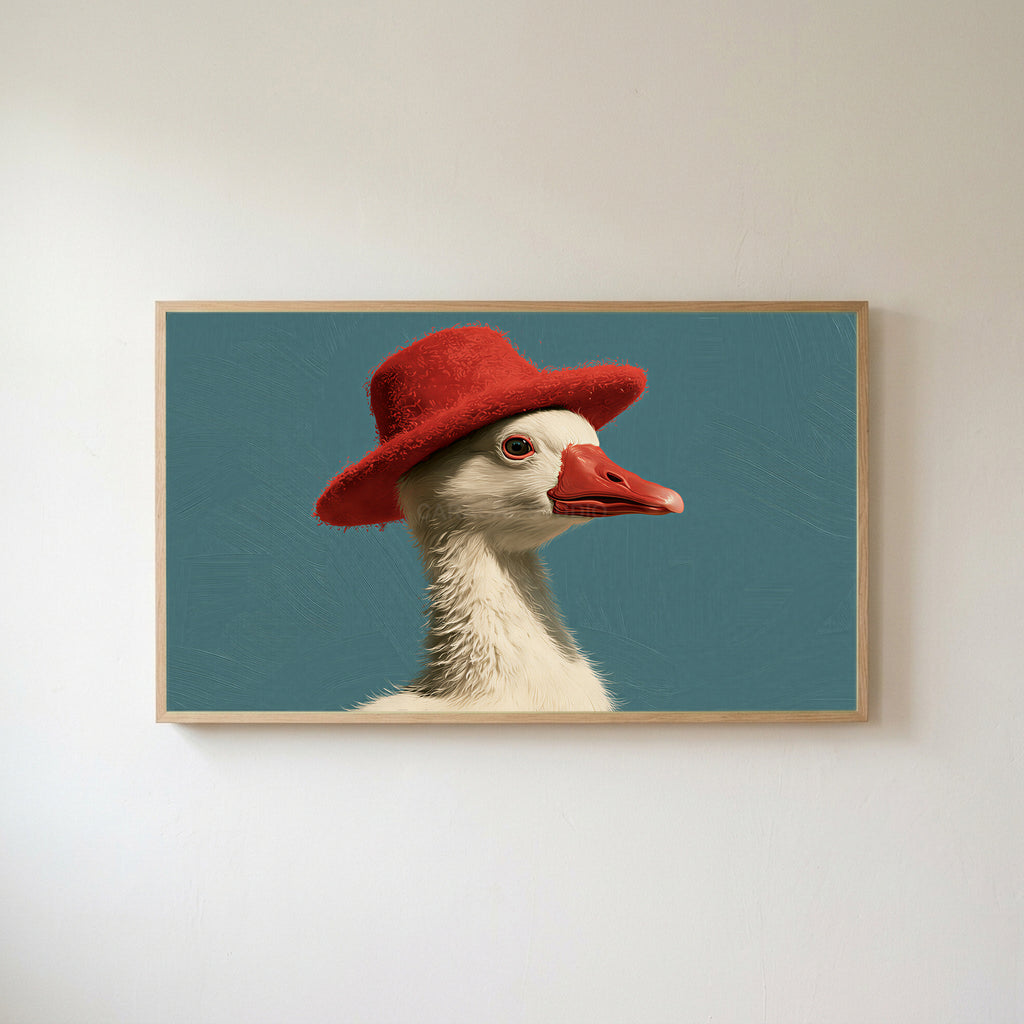 Duck in a red hat Frame TV art in an oak frame on a warm white wall