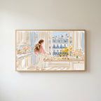 Paris morning tea Frame TV art in an oak frame on a warm white wall
