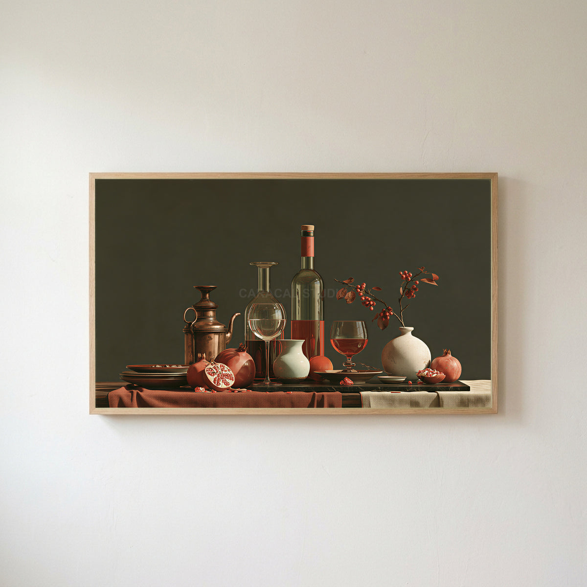 Wine and pomegranates still life Frame TV art in an oak frame on a warm white wall