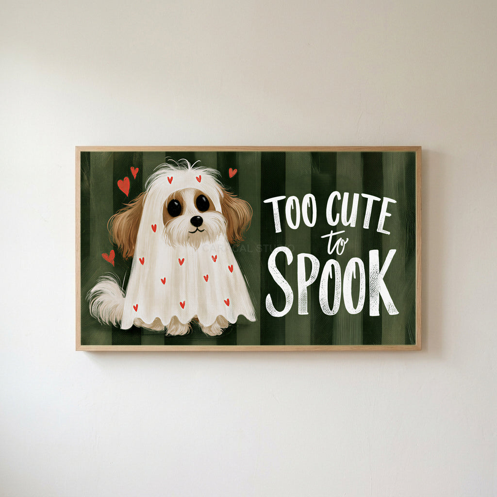 Dog ghost Frame TV art in an oak frame on a warm white wall
