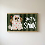 Dog ghost Frame TV art in an oak frame on a warm white wall