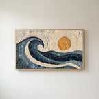 Mosaic wave Frame TV art in an oak frame on a warm white wall