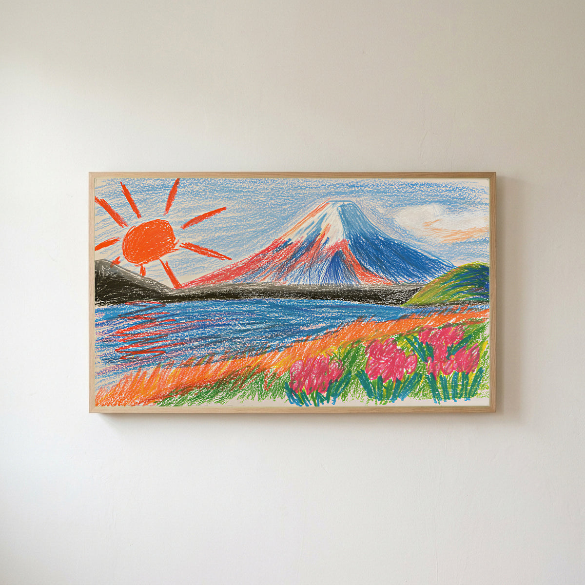Crayon Mount Fuji Frame TV art in an oak frame on a warm white wall