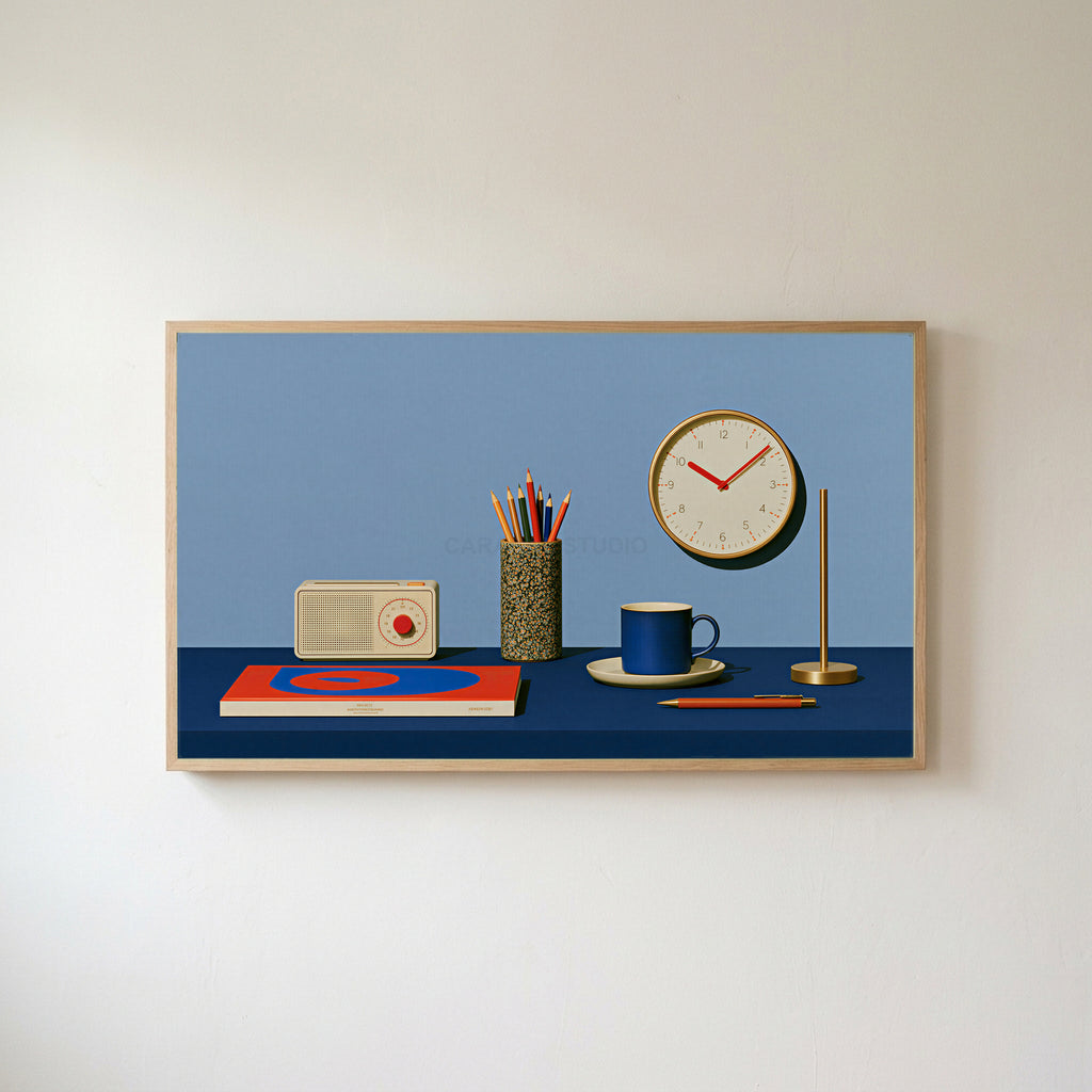 Retro desk, radio and clock Frame TV art in an oak frame on a warm white wall