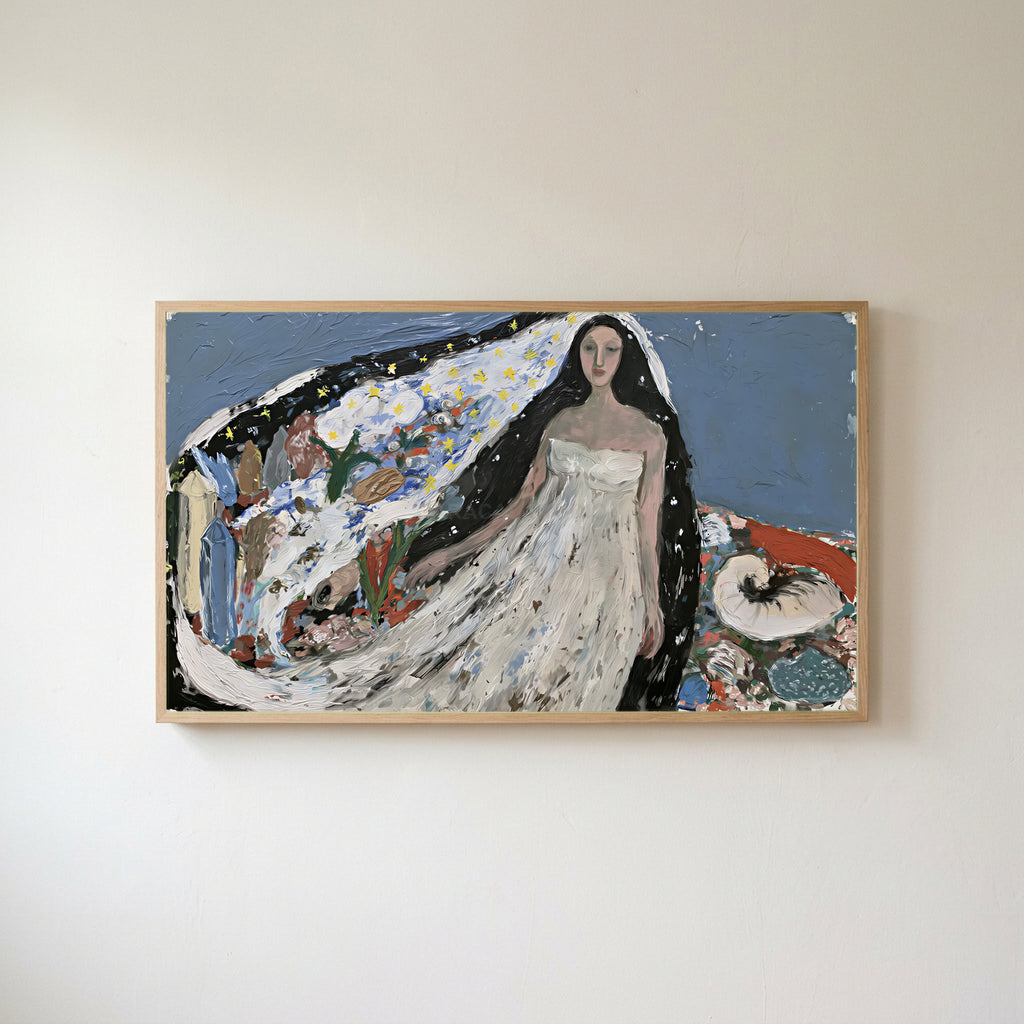 Starry veil woman Frame TV art in an oak frame on a warm white wall