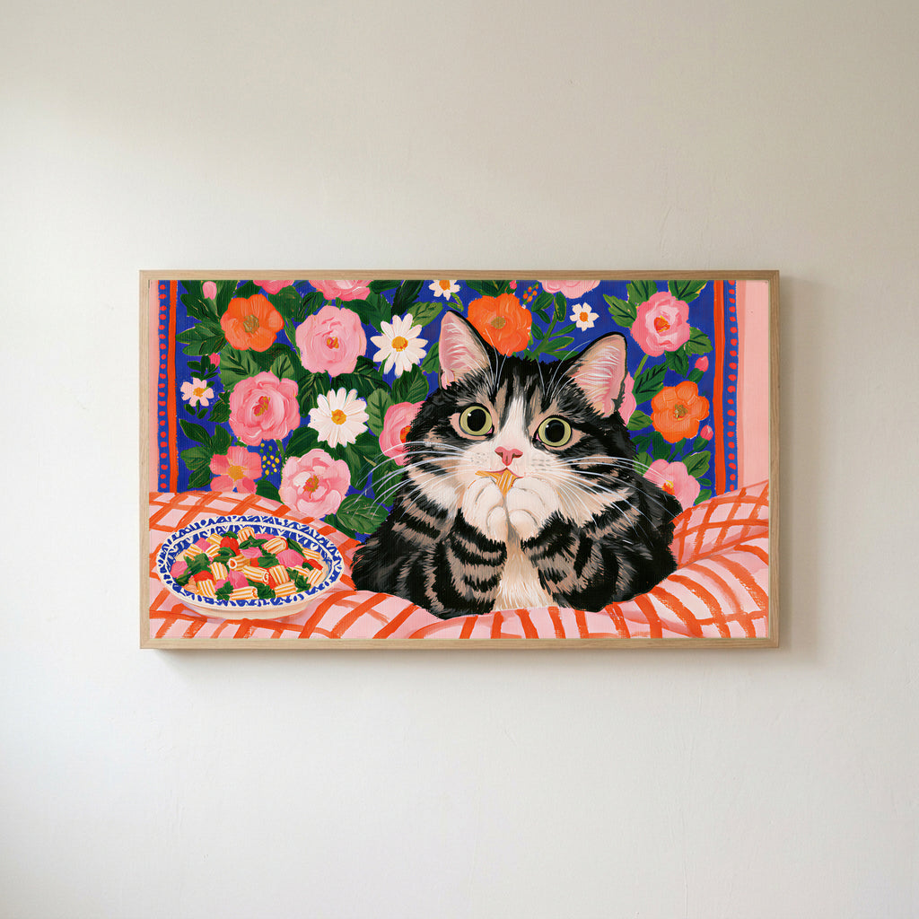 Pasta cat Frame TV art in an oak frame on a warm white wall