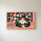 Pasta cat Frame TV art in an oak frame on a warm white wall