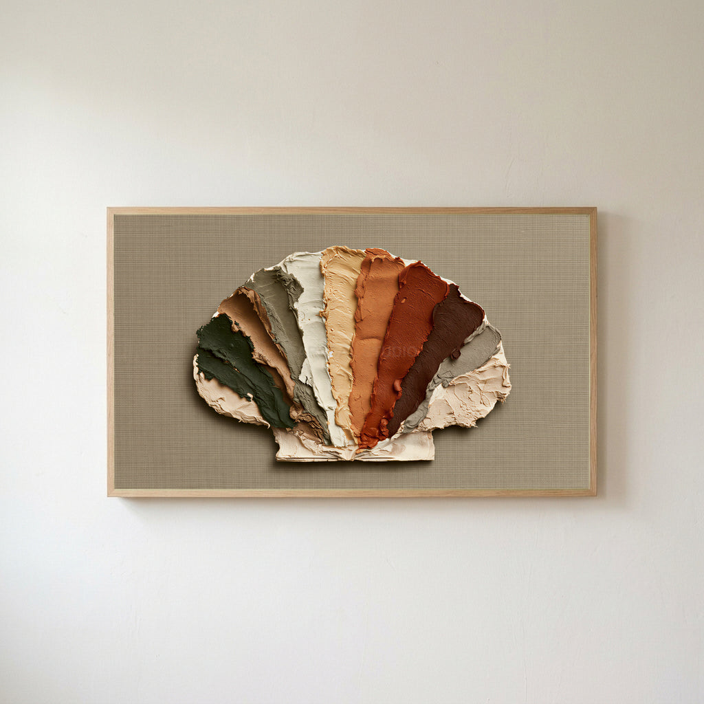 Earthy impasto seashell Frame TV art in an oak frame on a warm white wall