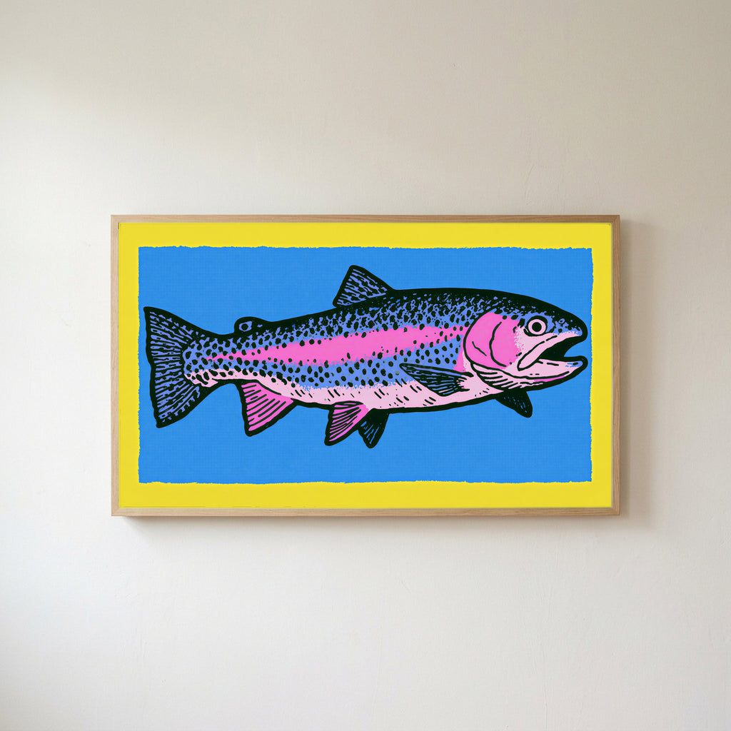 Rainbow trout Frame TV art in an oak frame on a warm white wall