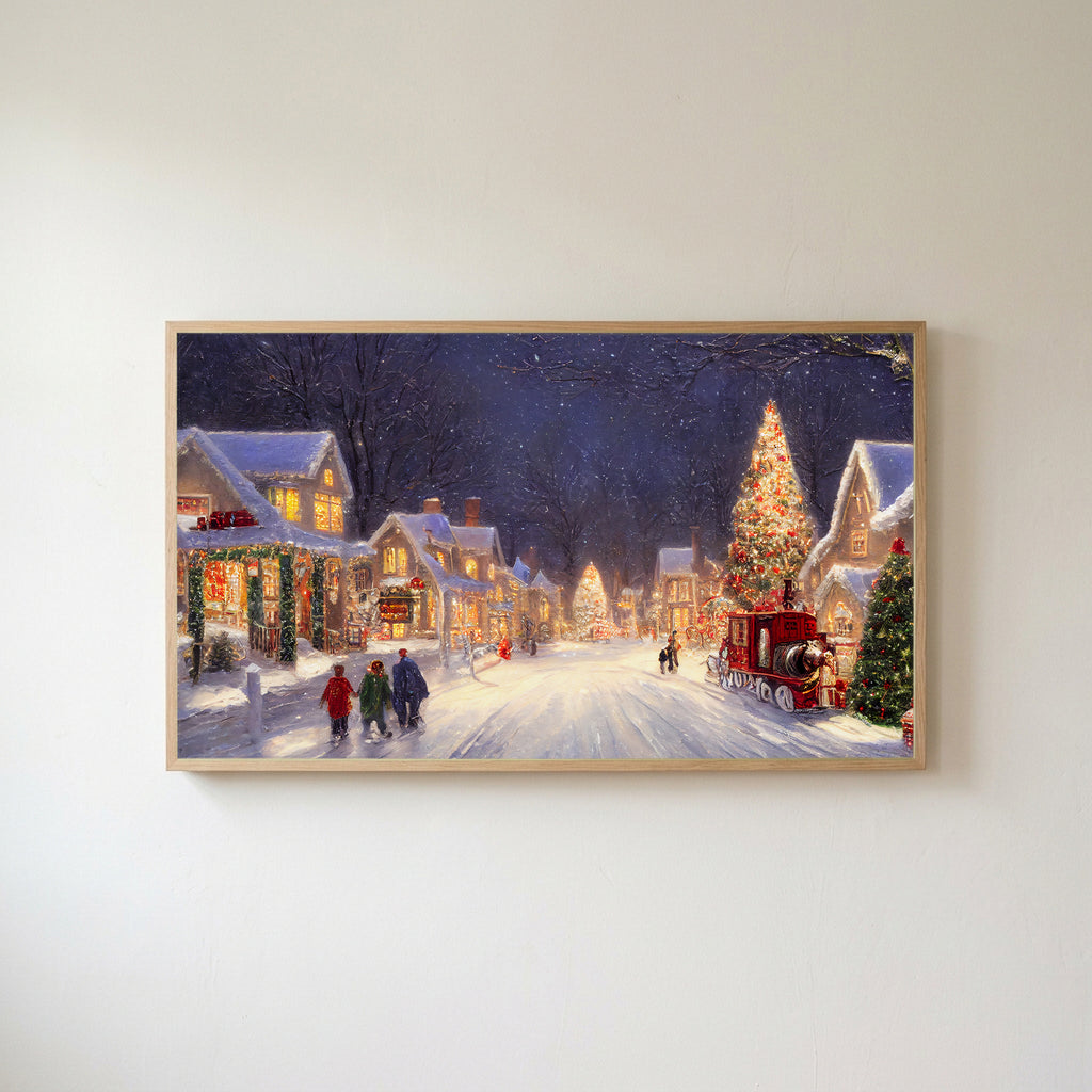 Snowy village with a red truck Frame TV art in an oak frame on a warm white wall