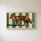 Red fox Frame TV art in an oak frame on a warm white wall