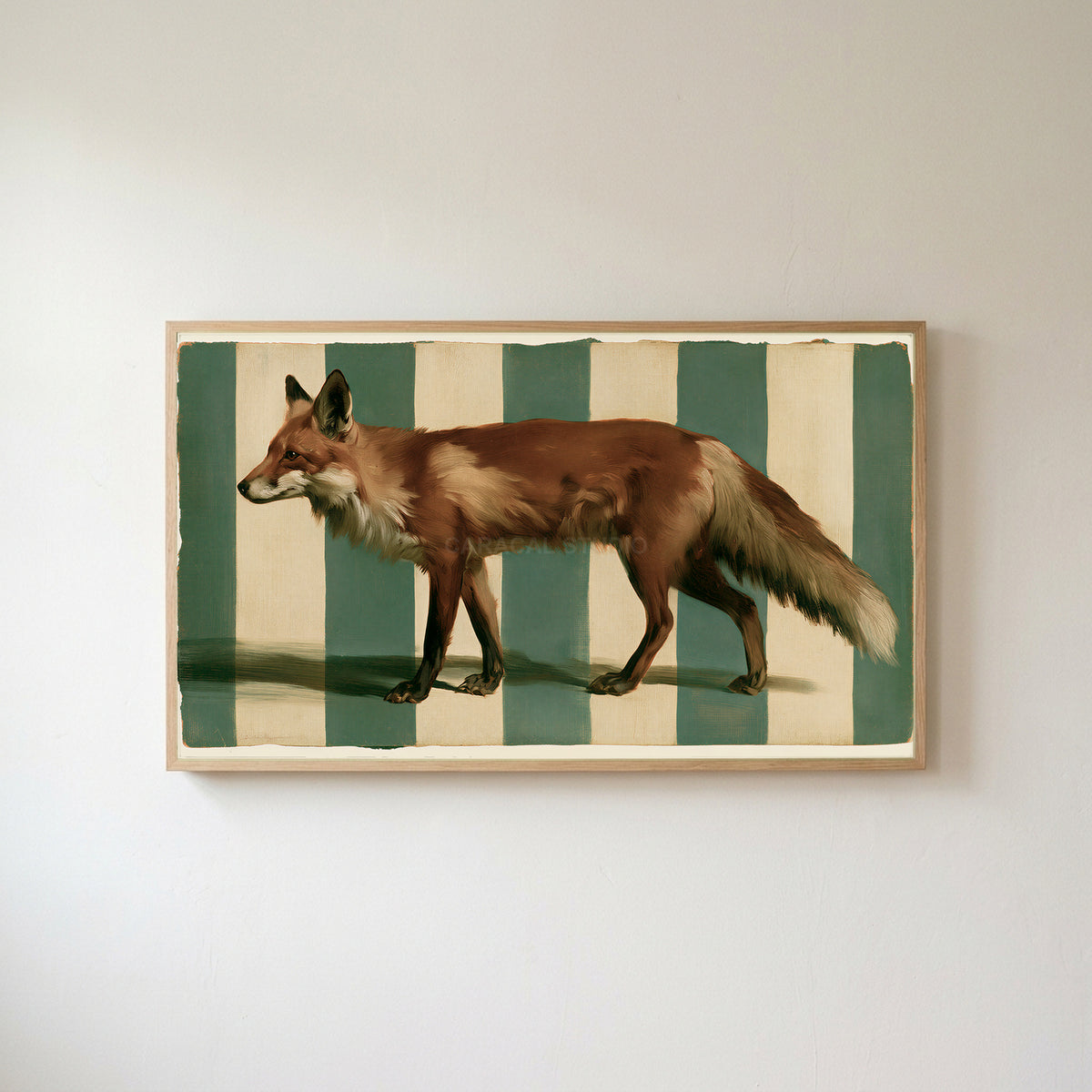Red fox Frame TV art in an oak frame on a warm white wall