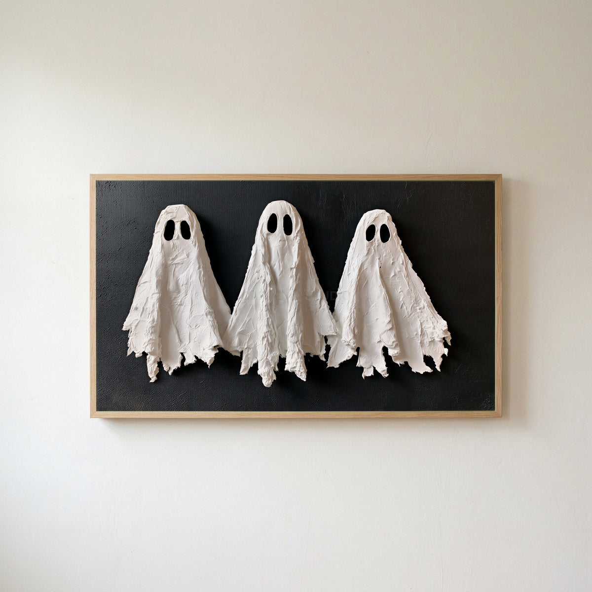 Textured ghosts Frame TV art in an oak frame on a warm white wall