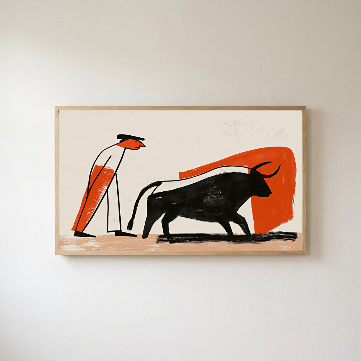 Matador and bull Frame TV art in an oak frame on a warm white wall