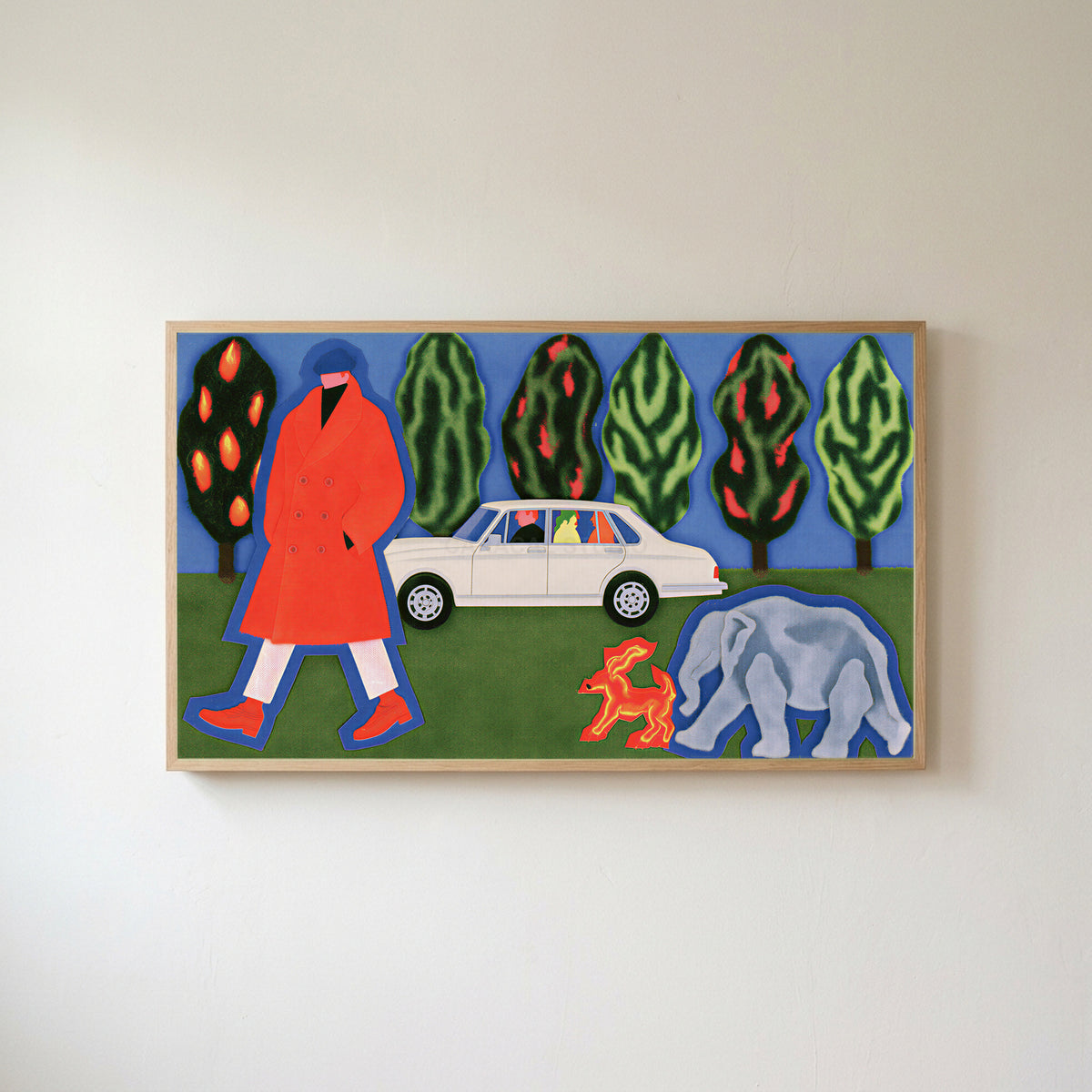 Surreal red coat collage Frame TV art in an oak frame on a warm white wall