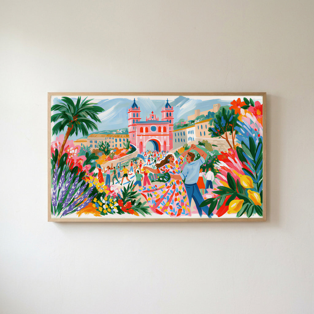 Mediterranean summer dance Frame TV art in an oak frame on a warm white wall